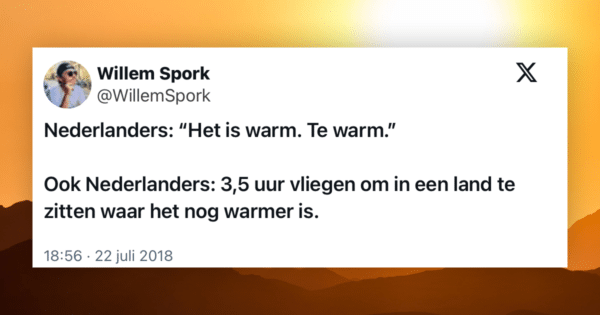 Een Tweet van Willem Spork over het warme weer in Nederland